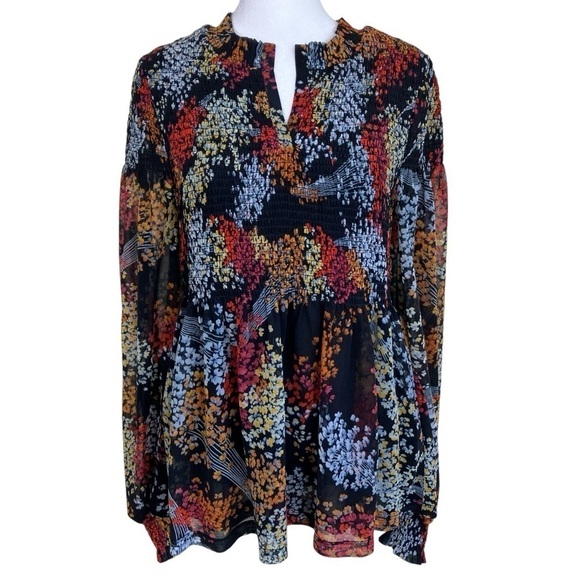 Anthropologie Akemi + Kin Adria Black Floral Smocked Chiffon Mesh Blouse Sz S - Picture 4 of 16